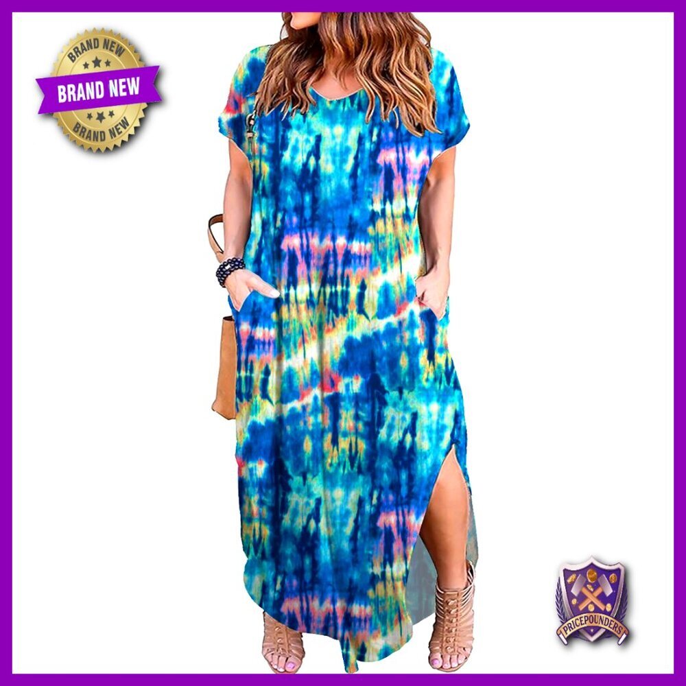 Plus Size Maxi Dress Loose Fit Short Sleeve V Neck Side Pockets Summer Casual